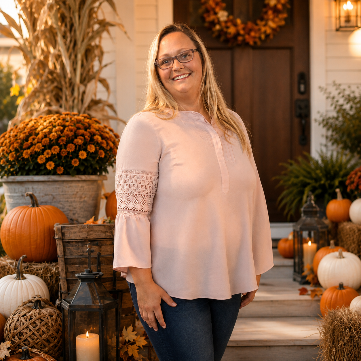 Founder of Seasoned Porches of Florida arranging pumpkins
